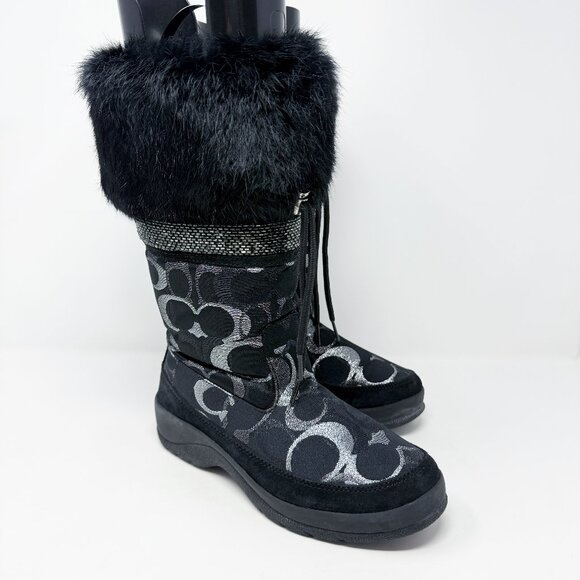 NWOB Coach Black Lizzie Logo Snow Boots Women's Size 5.5 Beaded w Real Fur Trim - Picture 1 of 10